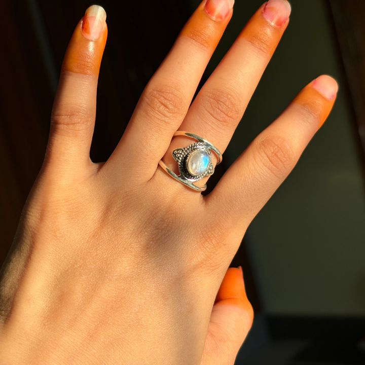 Genuine Rainbow Moonstone Sterling Silver Boho Ring