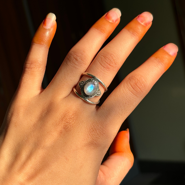 Genuine Rainbow Moonstone Sterling Silver Boho Ring