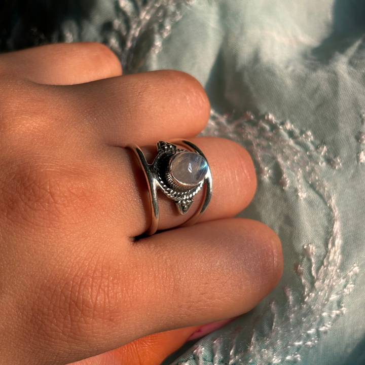 Genuine Rainbow Moonstone Sterling Silver Boho Ring