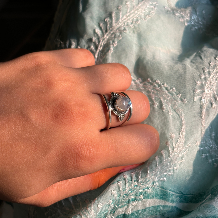 Genuine Rainbow Moonstone Sterling Silver Boho Ring