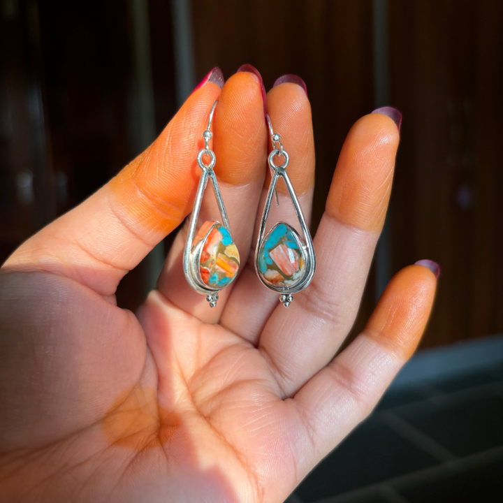 Handmade Oyster Copper Turquoise Earrings for Women | 925 Sterling Silver Boho Pear Shaped Earrings