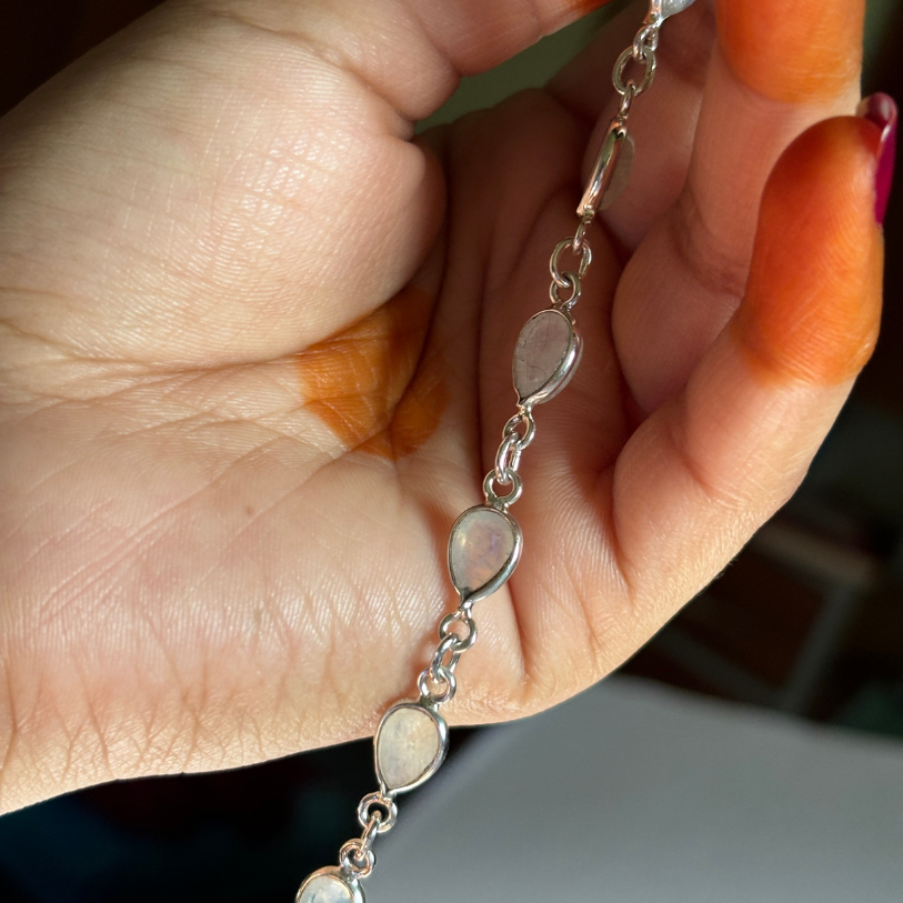 Handmade White Rainbow Moonstone Bracelet in 925 Sterling Silver