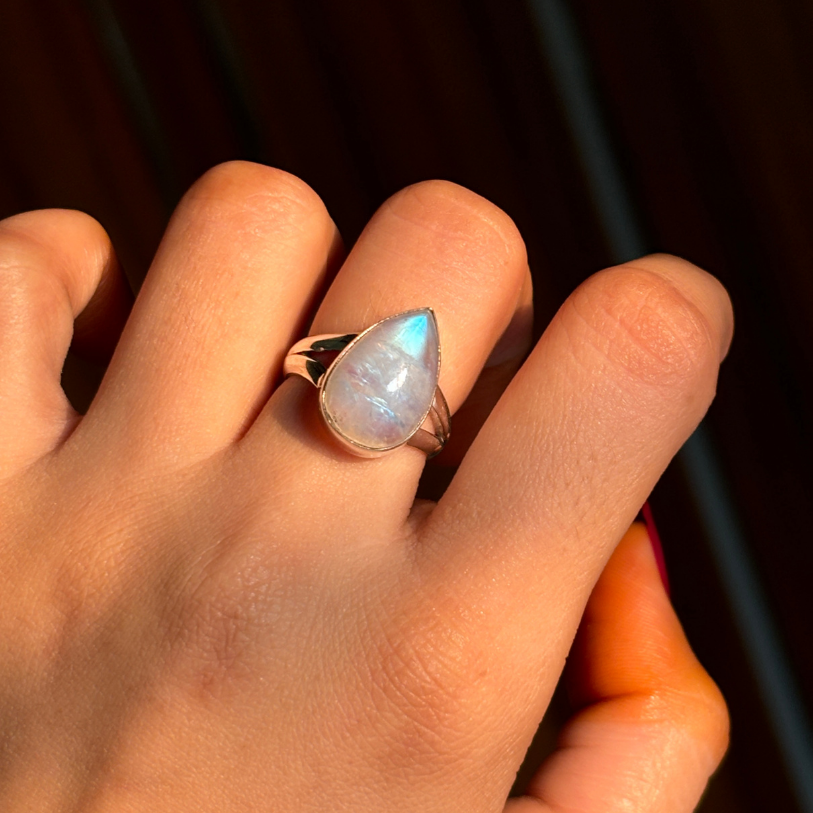 Handmade Natural Moonstone Tear Drop Ring