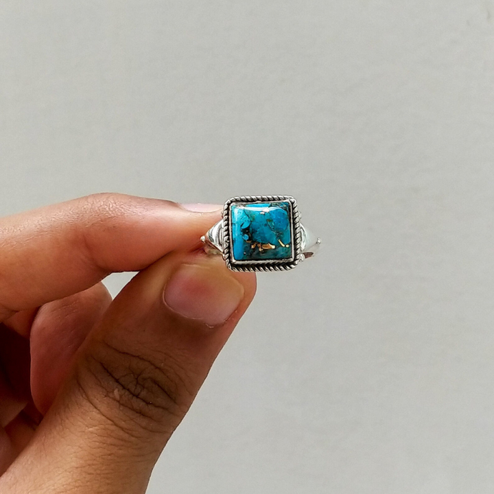 Natural Turquoise Square Sterling Silver Ring – Handmade Boho Jewelry