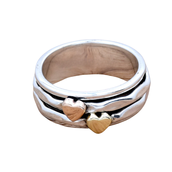 Handmade Heart Spinner Meditation Ring - Two-Tone Hammered Narrow Band