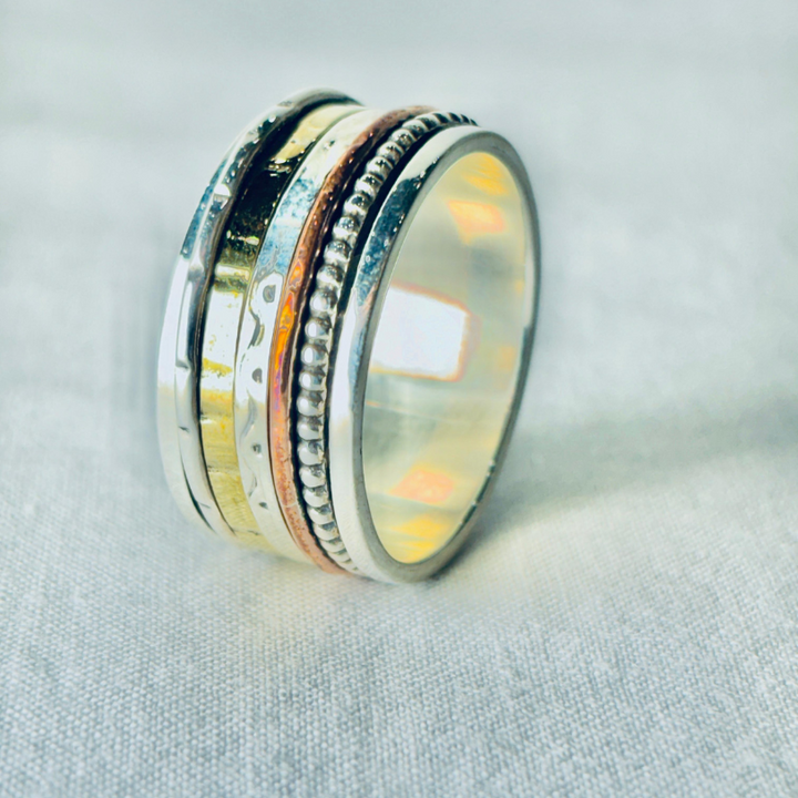 Sterling Silver Spinner Ring with Copper & Brass Bands – Meditation and Stress Relief Jewelry