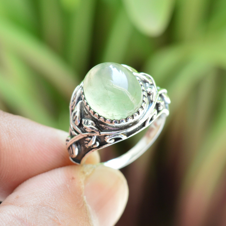 Statement Prehnite Sterling Silver Ring – Handmade Boho Jewelry