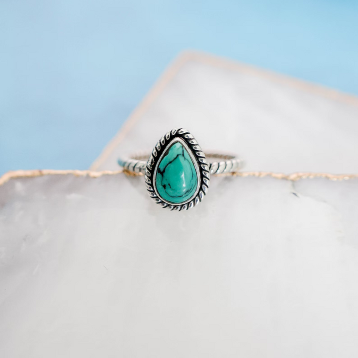 Dainty Turquoise Teardrop Rope Ring – Handmade Sterling Silver Boho Jewelry