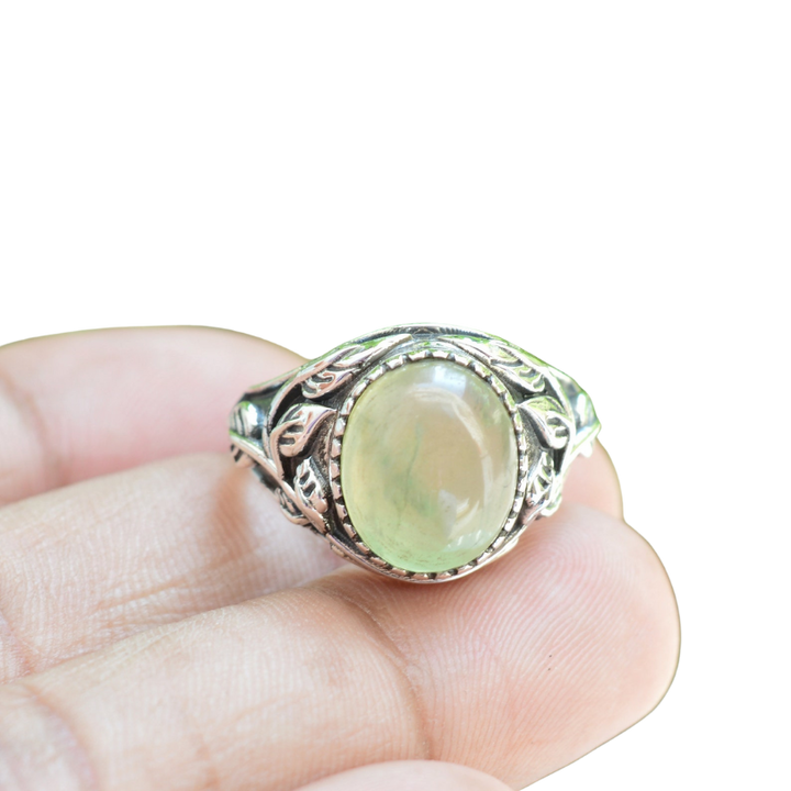 Statement Prehnite Sterling Silver Ring – Handmade Boho Jewelry