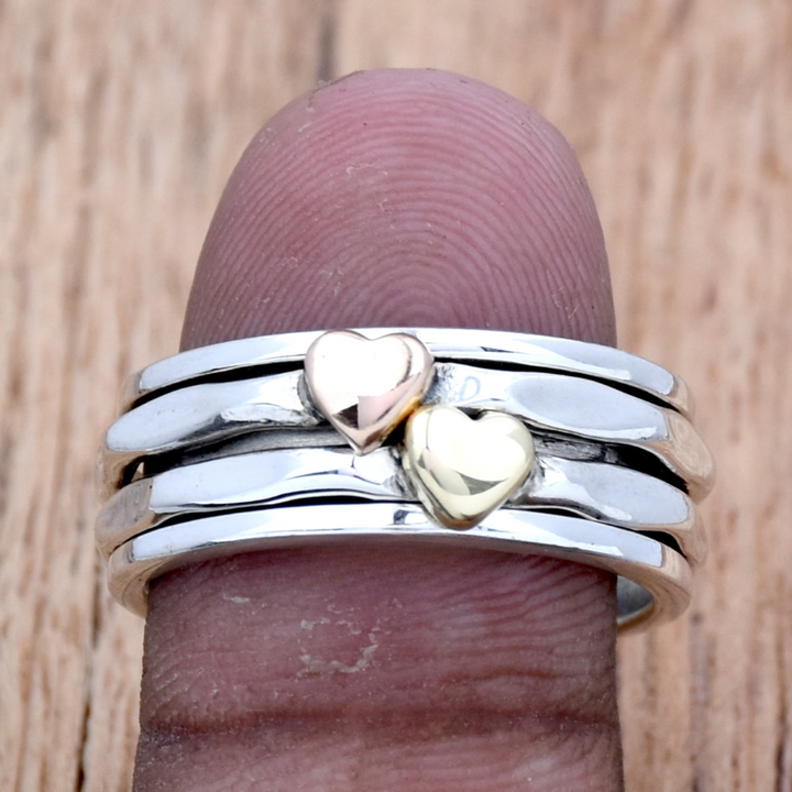 Handmade Heart Spinner Meditation Ring - Two-Tone Hammered Narrow Band