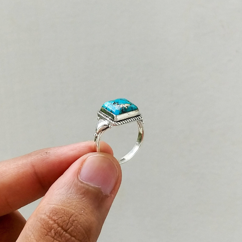 Natural Turquoise Square Sterling Silver Ring – Handmade Boho Jewelry