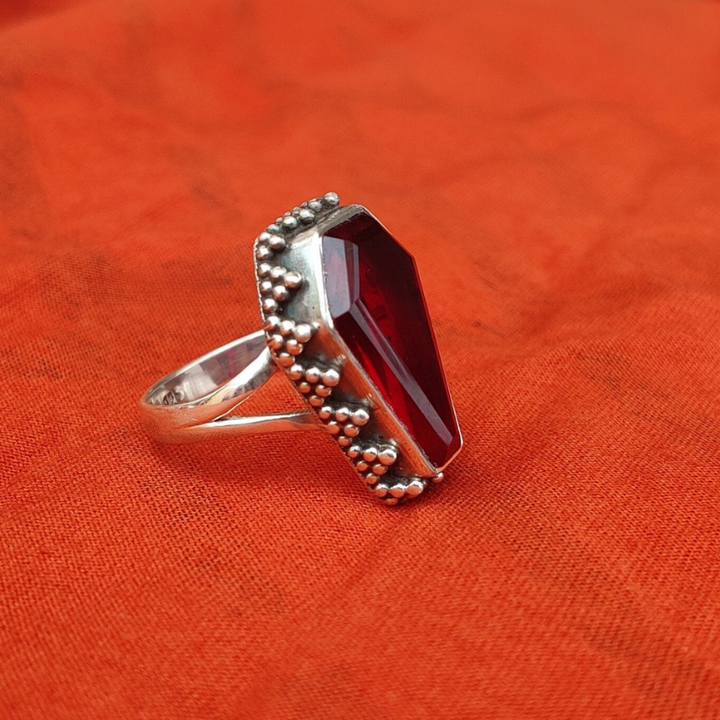 Garnet Coffin Ring | Handmade Solid 925 Sterling Silver