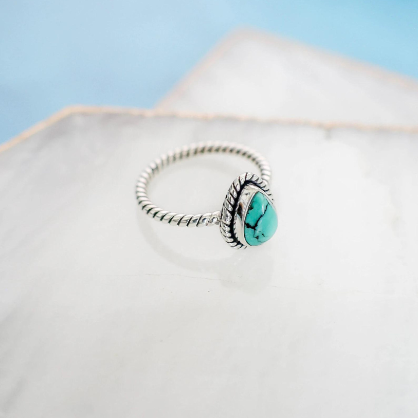 Dainty Turquoise Teardrop Rope Ring – Handmade Sterling Silver Boho Jewelry