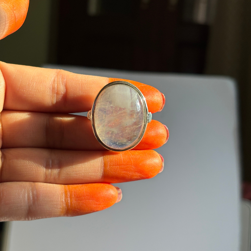 Rainbow Moonstone Sterling Silver Ring | Boho Big Gemstone Ring for Women