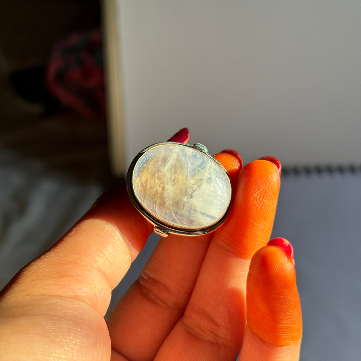 Rainbow Moonstone Sterling Silver Ring | Boho Big Gemstone Ring for Women