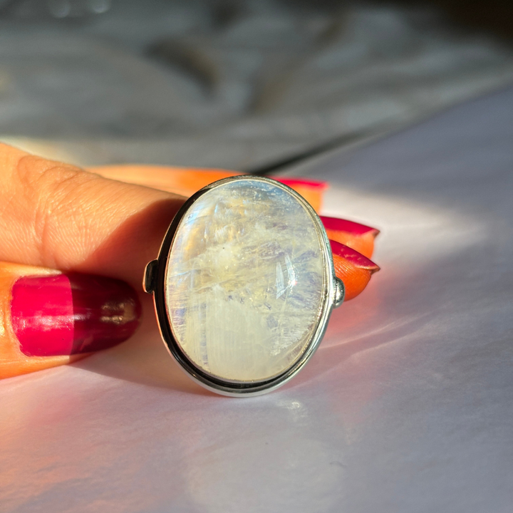 Rainbow Moonstone Sterling Silver Ring | Boho Big Gemstone Ring for Women