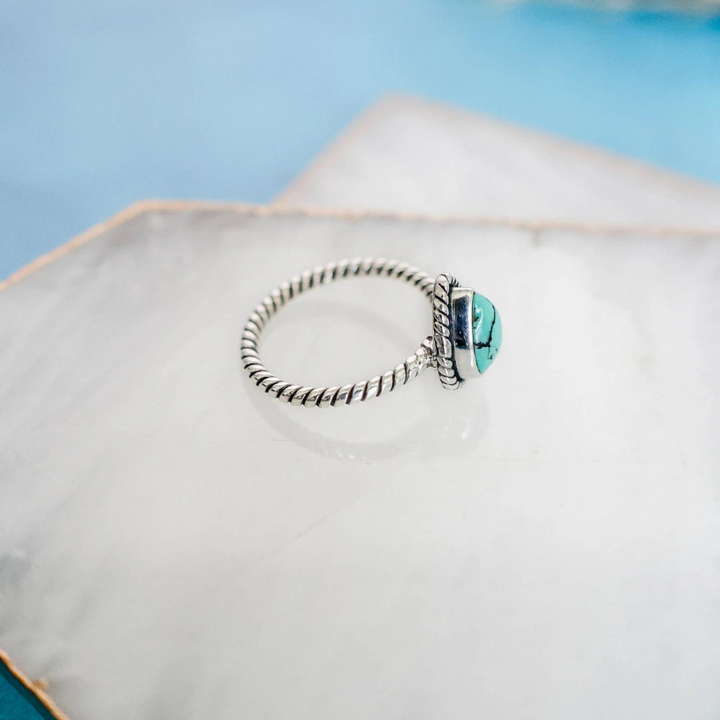 Dainty Turquoise Teardrop Rope Ring – Handmade Sterling Silver Boho Jewelry