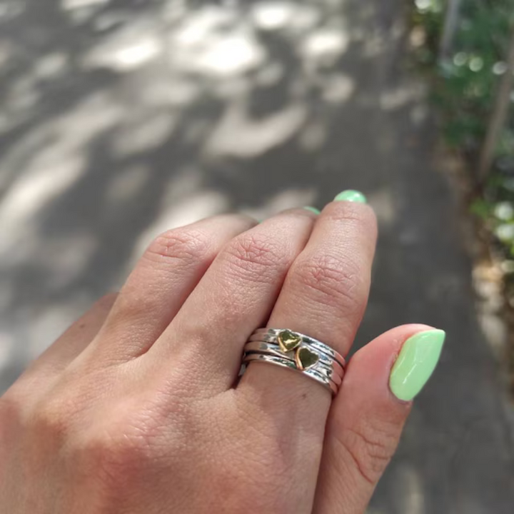 Handmade Heart Spinner Meditation Ring - Two-Tone Hammered Narrow Band