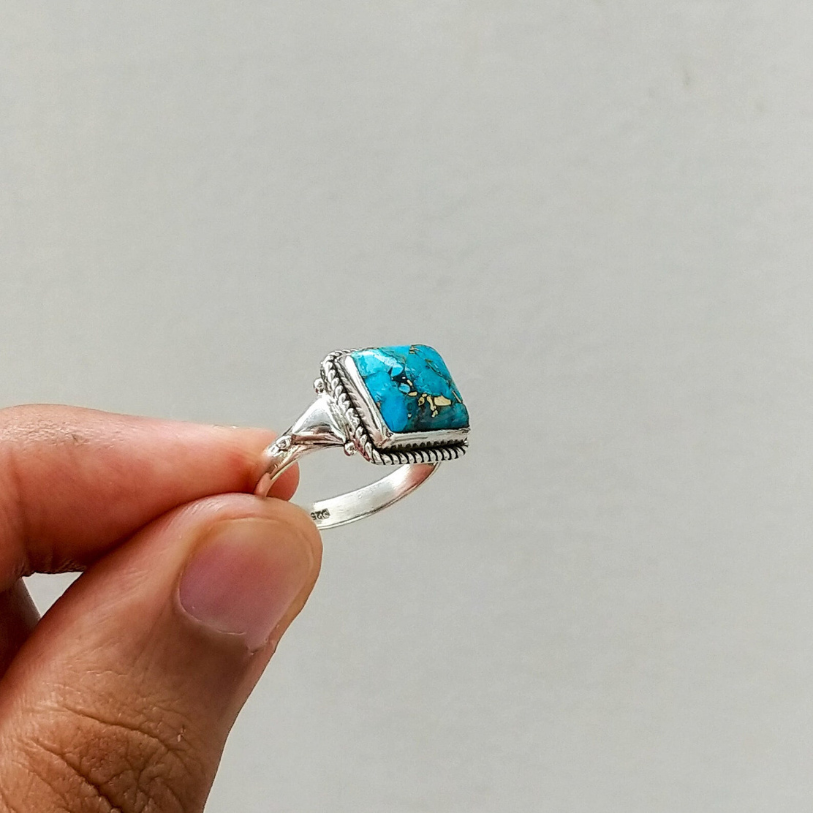 Natural Turquoise Square Sterling Silver Ring – Handmade Boho Jewelry