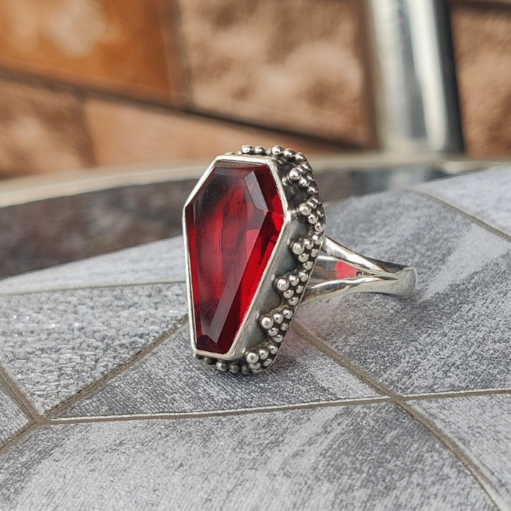 Garnet Coffin Ring | Handmade Solid 925 Sterling Silver