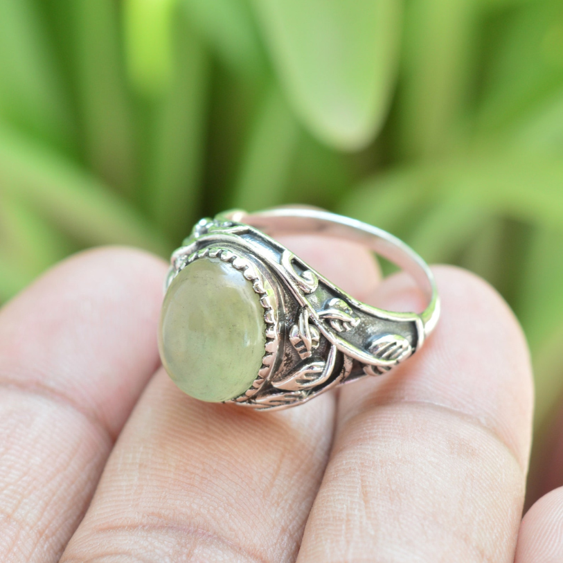 Statement Prehnite Sterling Silver Ring – Handmade Boho Jewelry