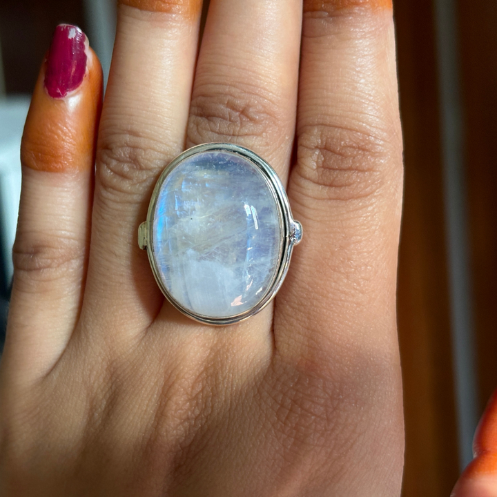 Rainbow Moonstone Sterling Silver Ring | Boho Big Gemstone Ring for Women