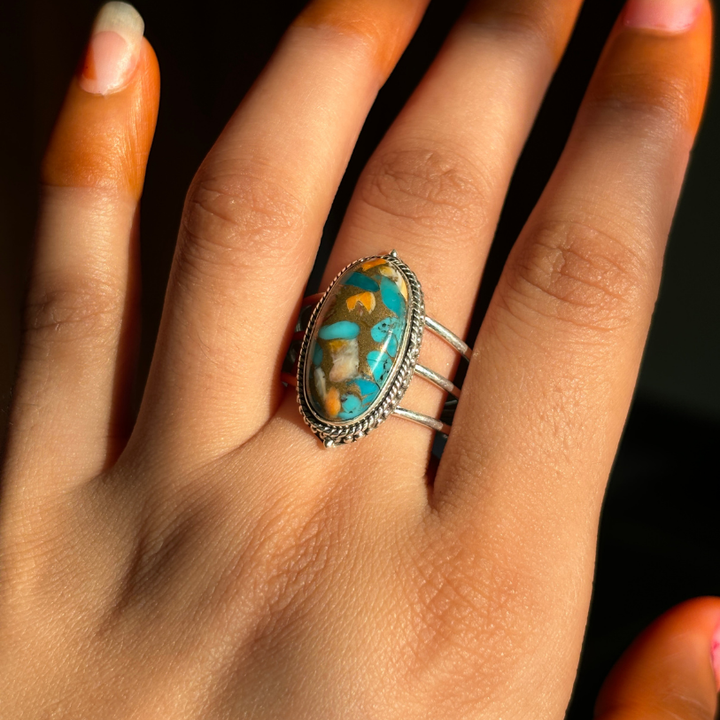 Oyster Copper Turquoise Three Band Sterling Silver Ring