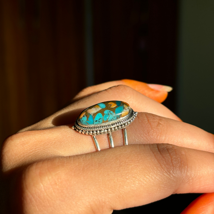 Oyster Copper Turquoise Three Band Sterling Silver Ring