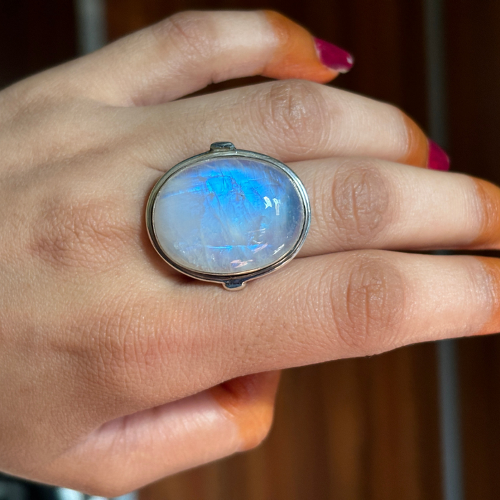 Rainbow Moonstone Sterling Silver Ring | Boho Big Gemstone Ring for Women