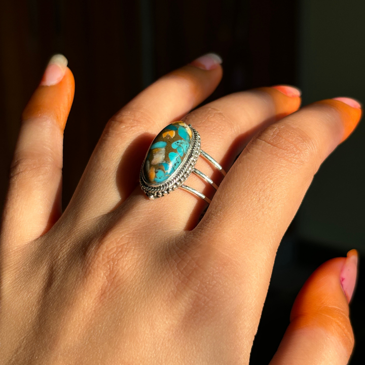 Oyster Copper Turquoise Three Band Sterling Silver Ring