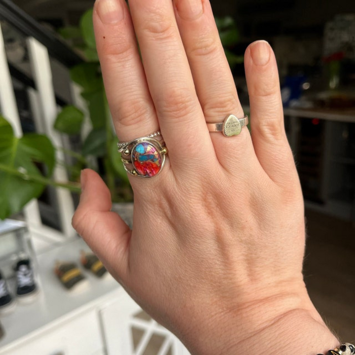 Kingman Pink Dahlia Oyster Turquoise Ring | Sterling Silver | Designer Boho Two-Tone Band Ring