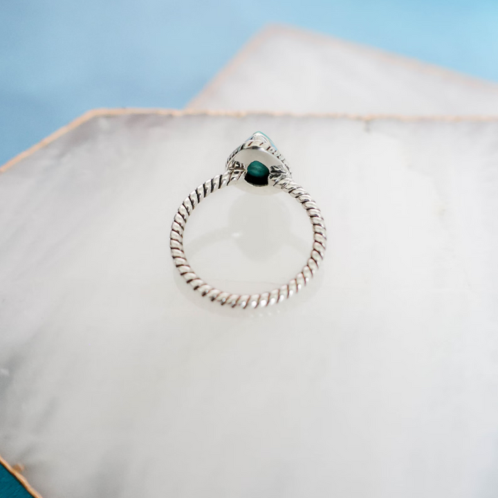 Dainty Turquoise Teardrop Rope Ring – Handmade Sterling Silver Boho Jewelry