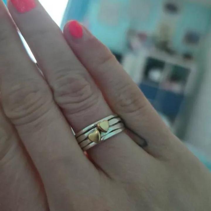 Handmade Heart Spinner Meditation Ring - Two-Tone Hammered Narrow Band