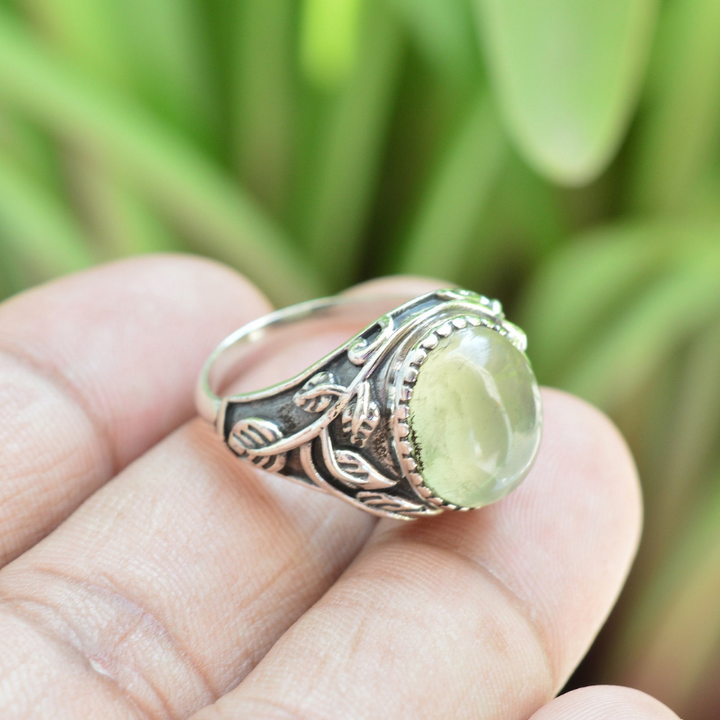 Statement Prehnite Sterling Silver Ring – Handmade Boho Jewelry