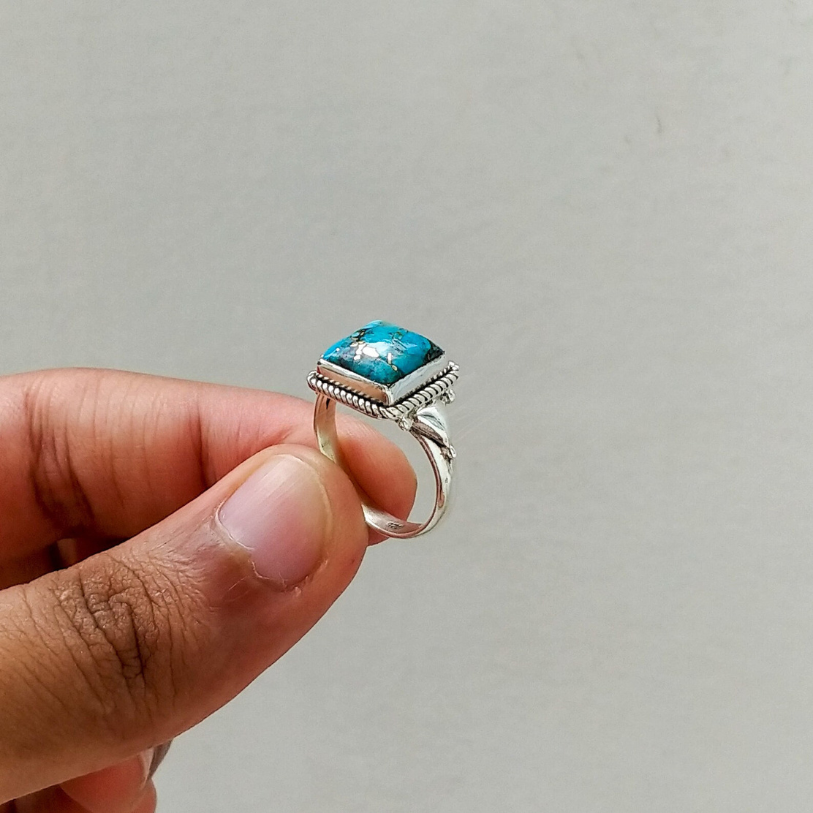 Natural Turquoise Square Sterling Silver Ring – Handmade Boho Jewelry