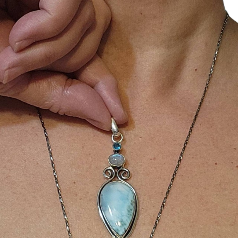 Larimar Moonstone Blue Topaz Energy Healing Pendant - Crystal Healing, Minimalist Three Stone Pendant - Perfect Gift