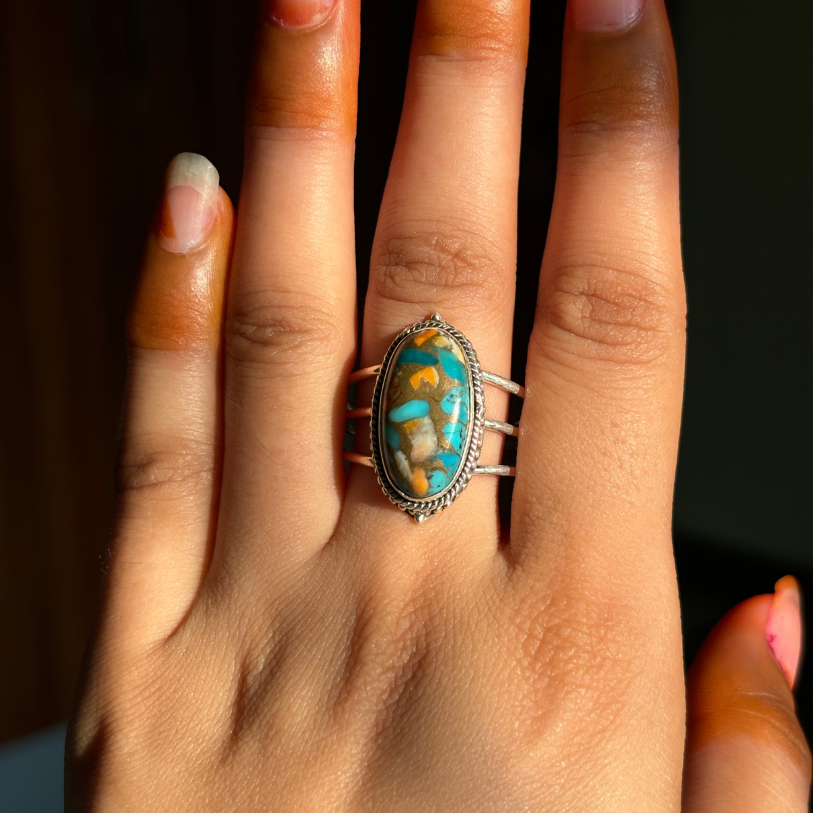 Oyster Copper Turquoise Three Band Sterling Silver Ring