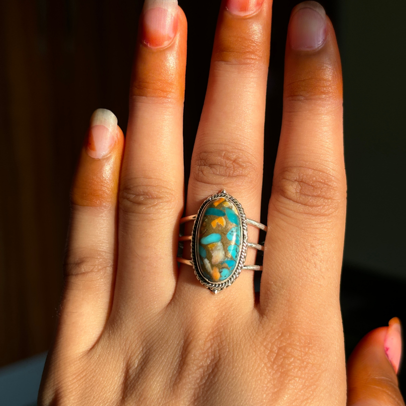 Oyster Copper Turquoise Three Band Sterling Silver Ring