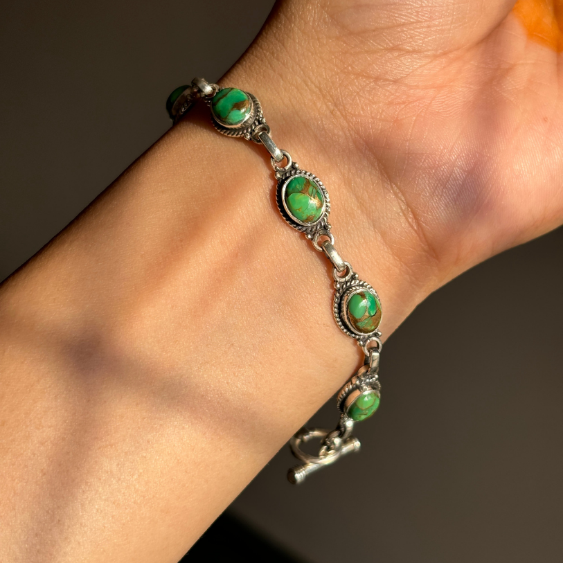 Oval Shape Green Turquoise Adjustable Bracelet