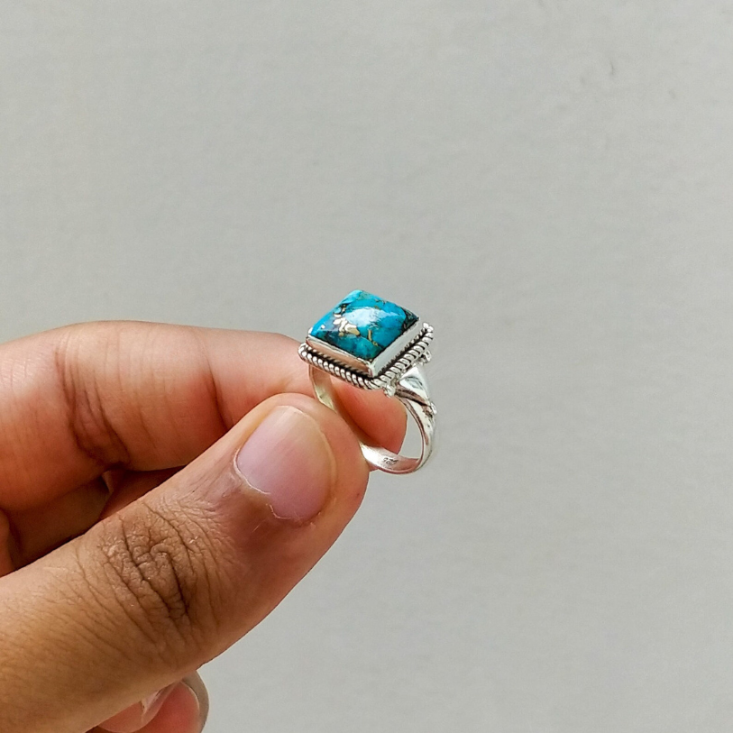 Natural Turquoise Square Sterling Silver Ring – Handmade Boho Jewelry