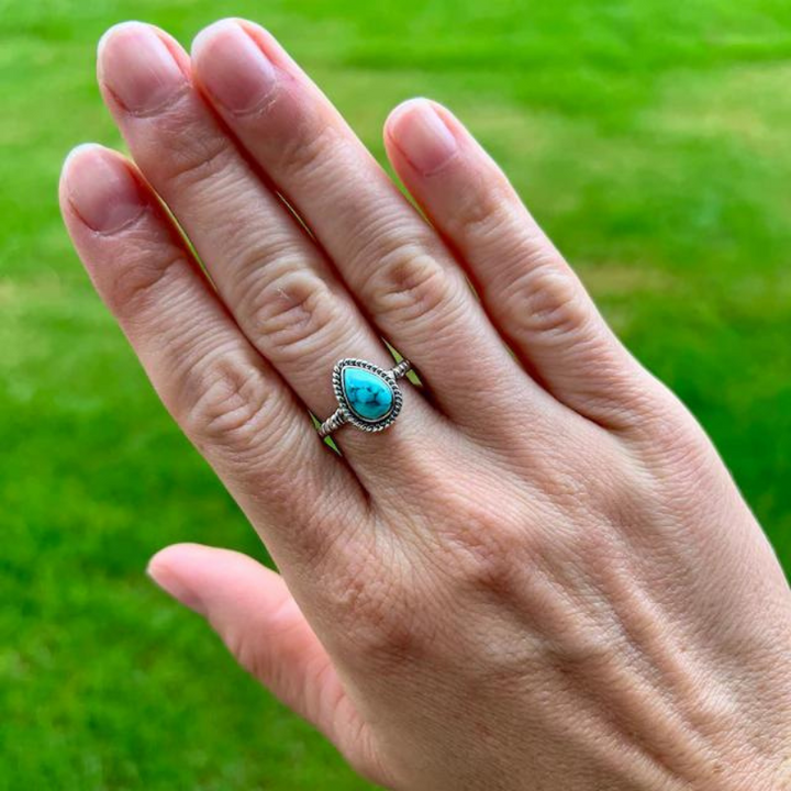 Dainty Turquoise Teardrop Rope Ring – Handmade Sterling Silver Boho Jewelry