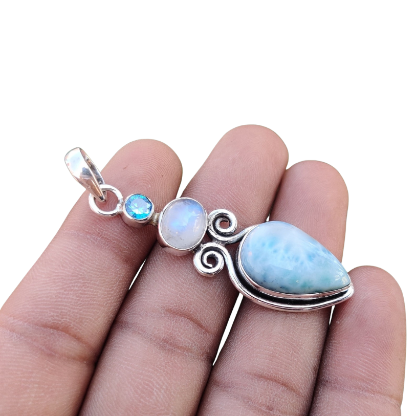 Larimar Moonstone Blue Topaz Energy Healing Pendant - Crystal Healing, Minimalist Three Stone Pendant - Perfect Gift