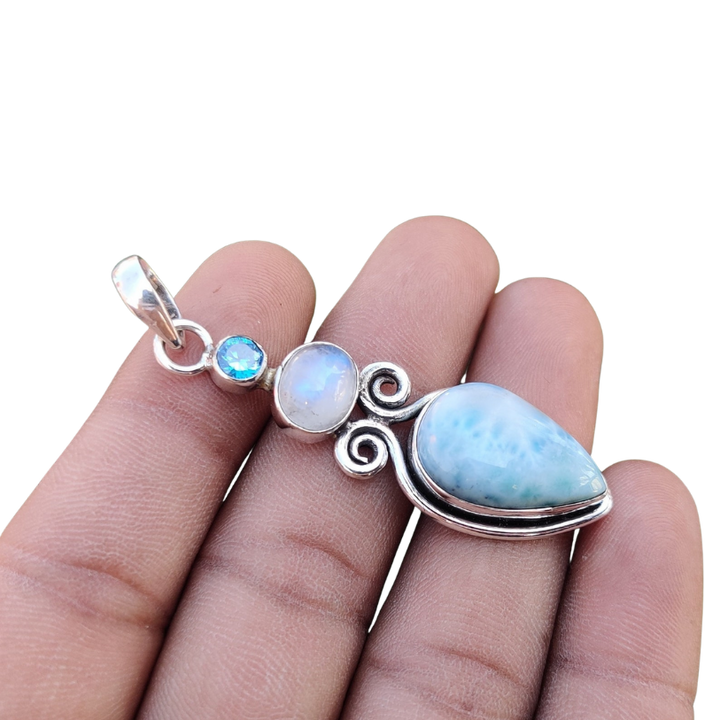 Larimar Moonstone Blue Topaz Energy Healing Pendant - Crystal Healing, Minimalist Three Stone Pendant - Perfect Gift