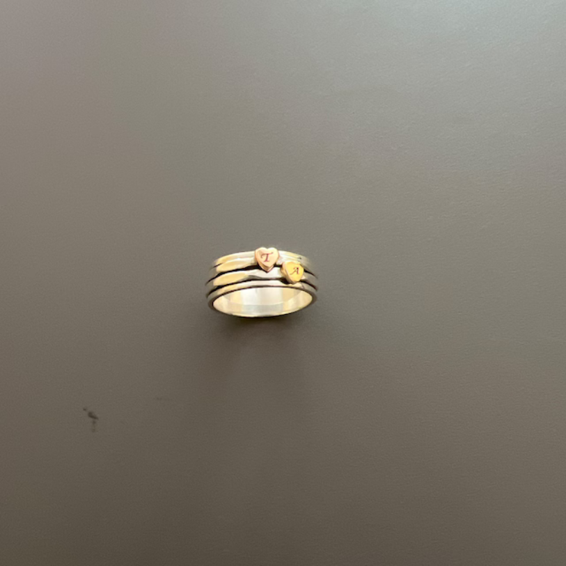 Handmade Heart Spinner Meditation Ring - Two-Tone Hammered Narrow Band