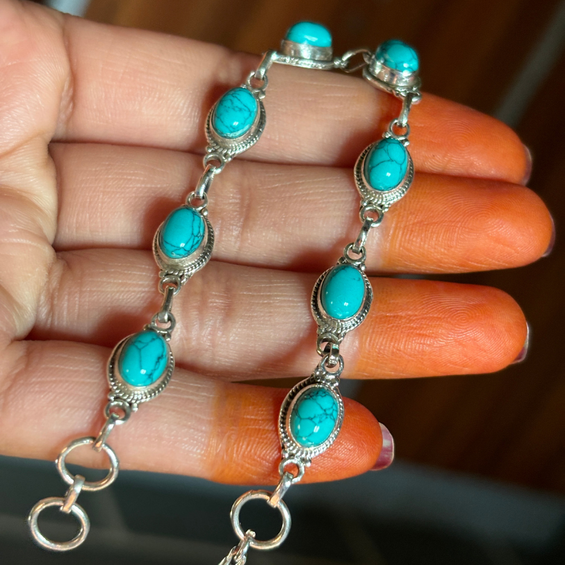 Handmade Turquoise and Moonstone Sterling Silver Bracelet - Perfect Women's Gift