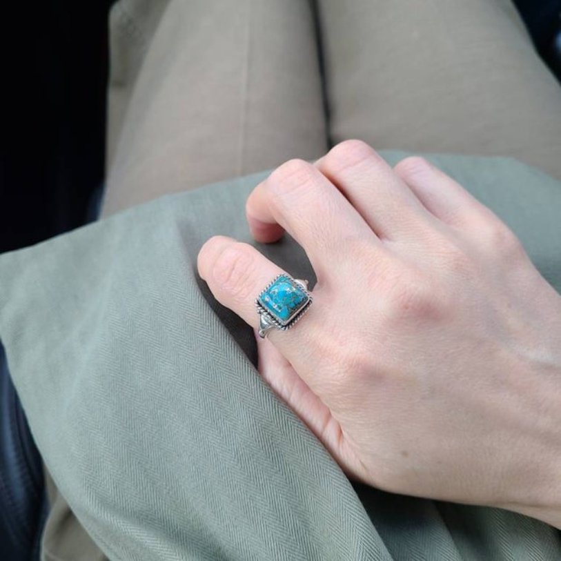 Natural Turquoise Square Sterling Silver Ring – Handmade Boho Jewelry