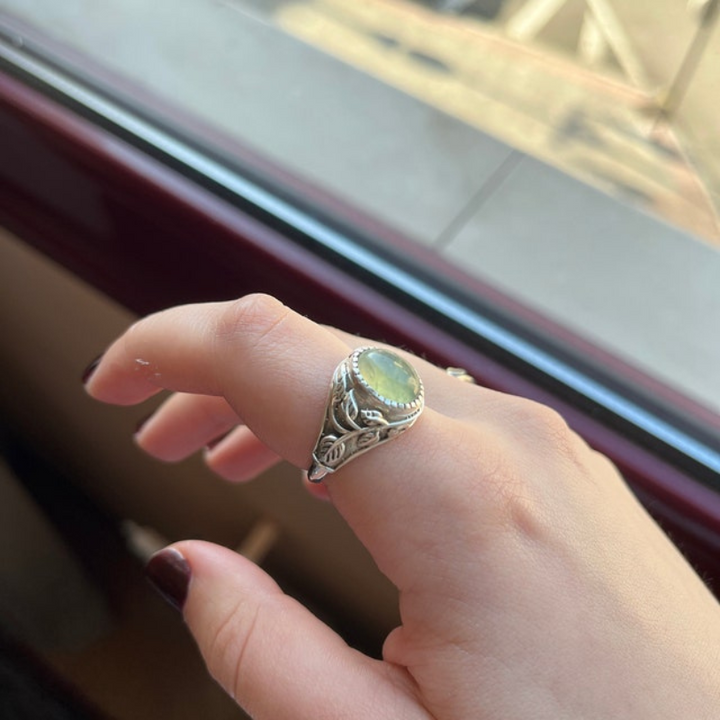 Statement Prehnite Sterling Silver Ring – Handmade Boho Jewelry