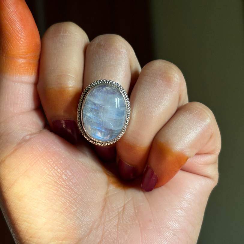 Handmade Genuine Rainbow Moonstone Sterling Silver Ring