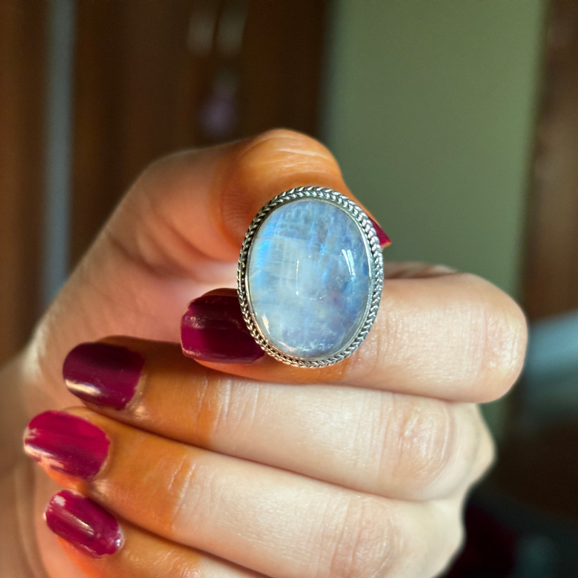 Handmade Genuine Rainbow Moonstone Sterling Silver Ring