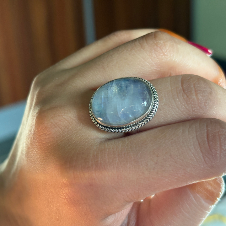 Handmade Genuine Rainbow Moonstone Sterling Silver Ring